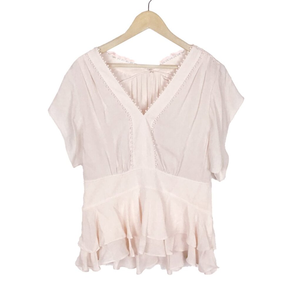 Rebecca Taylor - Pale Pink Short Sleeve Ruffled Silk Blouse w Embroidered Trim - Picture 4 of 13